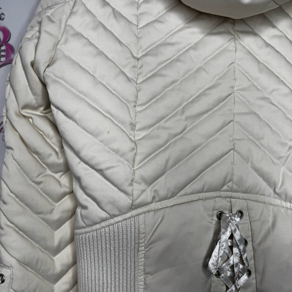 Bebe corset coat jacket snow bunny fur rabbit White Quilted Jacket Fur Trim hood - Picture 12 of 16